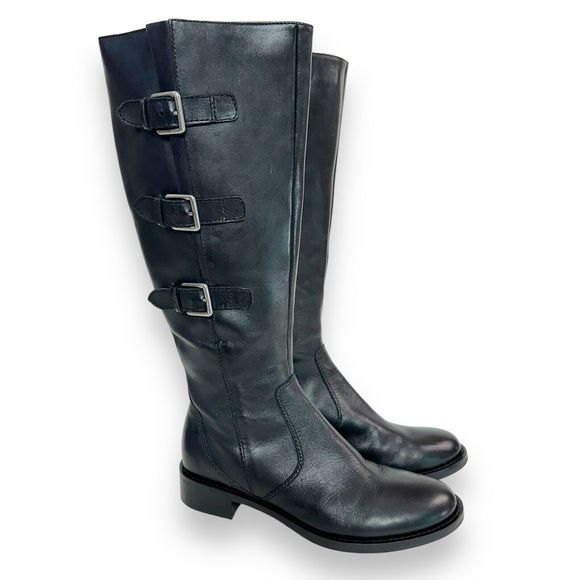 ECCO Knee High Boots Sz 38 7-7.5 Hobart Harness Riding Black Leather Equestrian - Picture 1 of 14